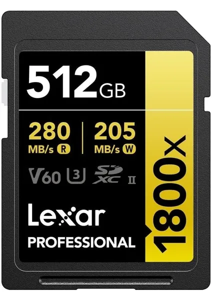 Lexar Professional 512GB 1800X 280MB/S 4K V60 Sd Hafıza Kartı